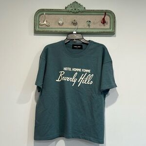 New Homme + femme cropped short sleeve teal T-shirt graphic nightlife medium tee